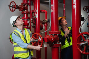 Engineers inspecting the inside plumbing and water valves of an industrial facility