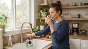 Woman in a blue sweater drinks from a glass at the kitchen sink while washing hands. A plant and fruit sit nearby on the counter.